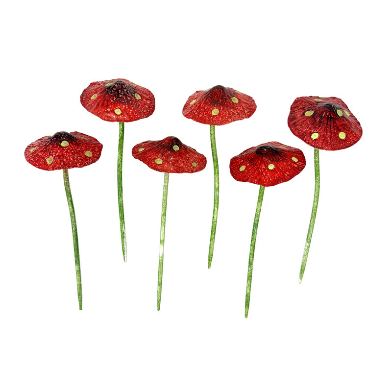 Piquets champignons en métal rouge, points phosphorescents, lot de 6, hauteur 24 cm