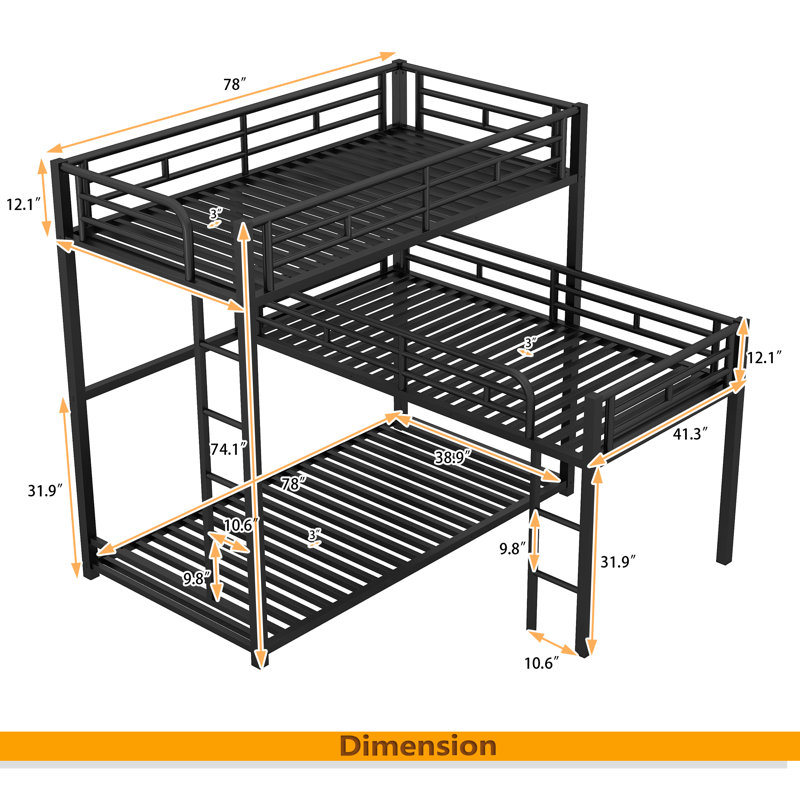 L-Shaped Metal Triple Twin Size Bunk Bed