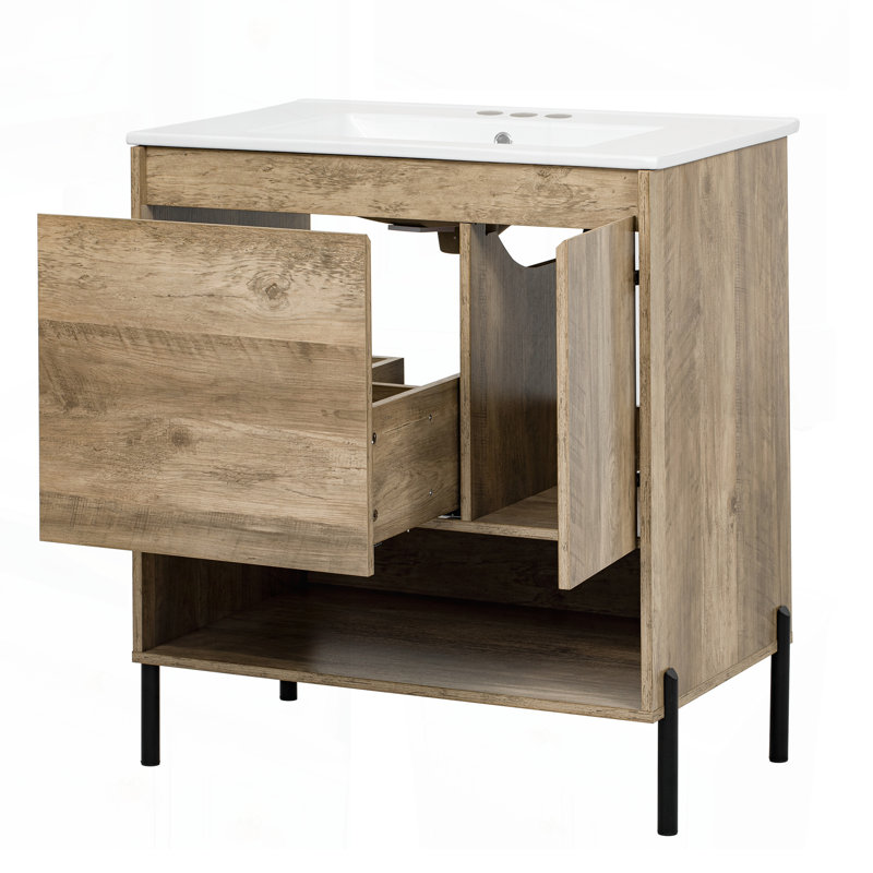 Meuble-lavabo moderne en bois de 30 po avec tiroir coulissant, lavabo en céramique et tablette ouverte pour le rangement organisé