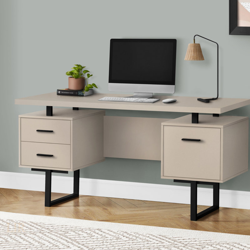 Contemporary 60 Inch Computer Desk With Storage Drawers, Reversible Left Or Right Set-Up For Home Office Use, Taupe/Black