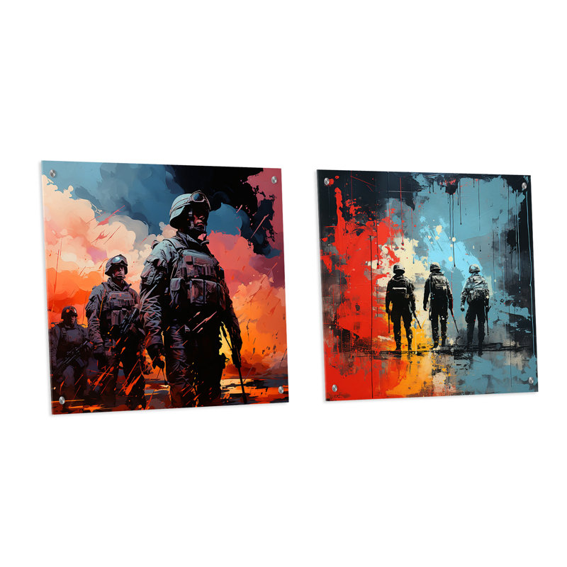 Armée militaire dans le chaos - Ensemble de 2 peintures murales en acrylique militaire, H 16 po x l 33 po