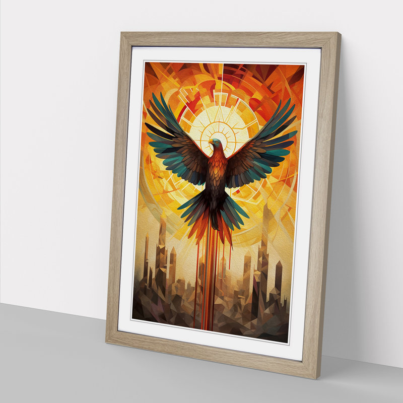 Phoenix Geometric - Single Picture Frame Print on Wood, 46cm H x 34cm W x 2cm D, Oak Framed