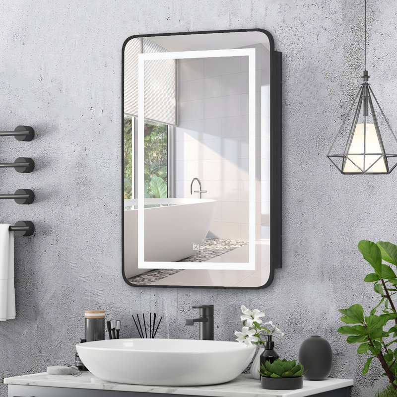 Ayyat Rectangle LED Mirror Cabinet with 3 Shelves, Wall Mounted Bathroom Storage, 76cm H x 50cm W x 11.5cm D