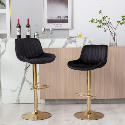 De 2 tabourets de bar noirs avec repose-pieds et base, levage mécanique, velours + pieds dorés, paquet de 13,38 po de largeur, 18,79 po de largeur, base pivotante à hauteur ajustable, 2 tabourets