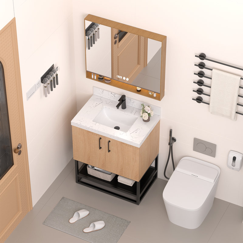 Meuble-lavabo moderne de 30 po avec plateau en pierre reconstituée blanche, armoire au fini chêne doré et base de rangement noir mat