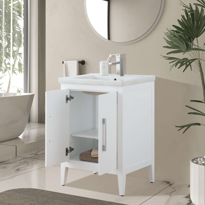 Meuble-lavabo simple 24 po avec plateau en céramique Chambery, Blanc, Nickel brossé, H 34,25 po x l 24,4 po x P 18,5 po