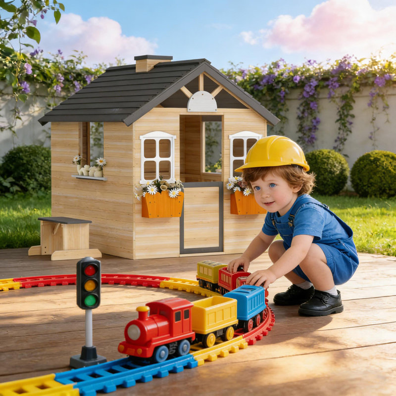 Maisonnette en bois pour enfants, Gris / naturel / orange / blanc