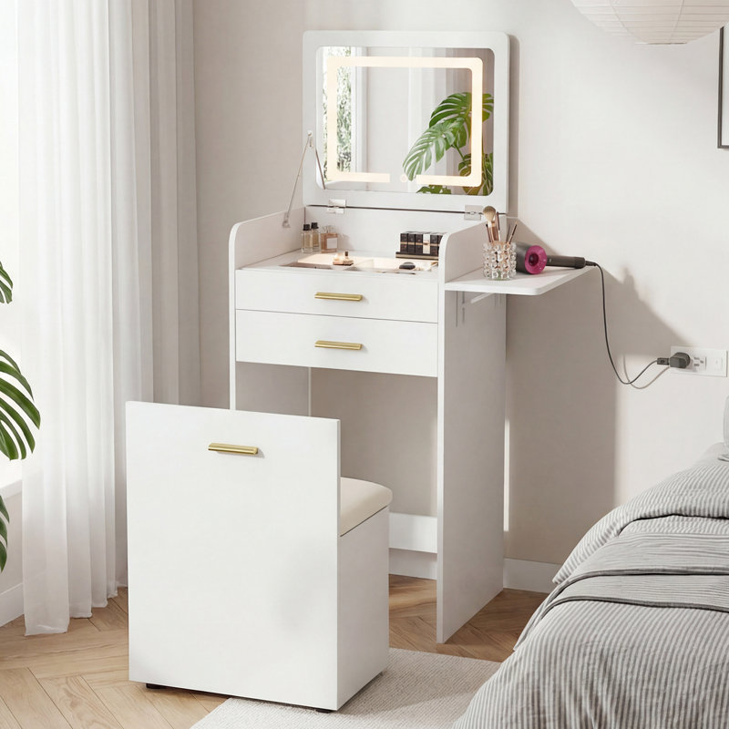 Ensemble de coiffeuse avec tabouret, miroir rabattable et 2 tiroirs
