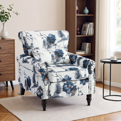 Modern Accent Chair With Wood Legs & Lumbar Pillows, Comfy Upholstered Armchair With Nailhead Trim, Floral Pattern Sofa Chair For Bedroom Living Room, Floral
