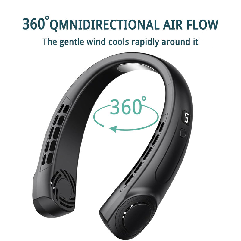 Ventilateur de cou portable, ventilateur personnel USB rechargeable, 5 vitesses, flux d'air de refroidissement à 360 °