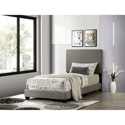Twin Bed Upholstered In Taupe Fabric, Padded Headboard, Rubberwood And Foam, Solid Wood Legs, Bedroom Transformation Panel With Engineered Wood, Black Transitional Furniture