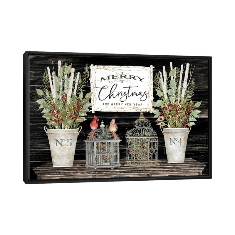 Floral Merry Christmas par Cindy Jacobs-impression d’art graphique, H 18 po x l 26 po x P 1,5 po, Toile avec cadre noir