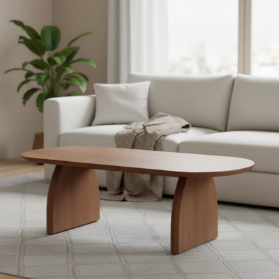 Modern Minimalist Oval Coffee Table With Sculpted Wood Legs