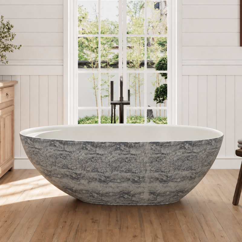 Baignoire autoportante Forma 67 po x 31 po en résine de pierre solide effet travertin avec tablette intérieure intégrée