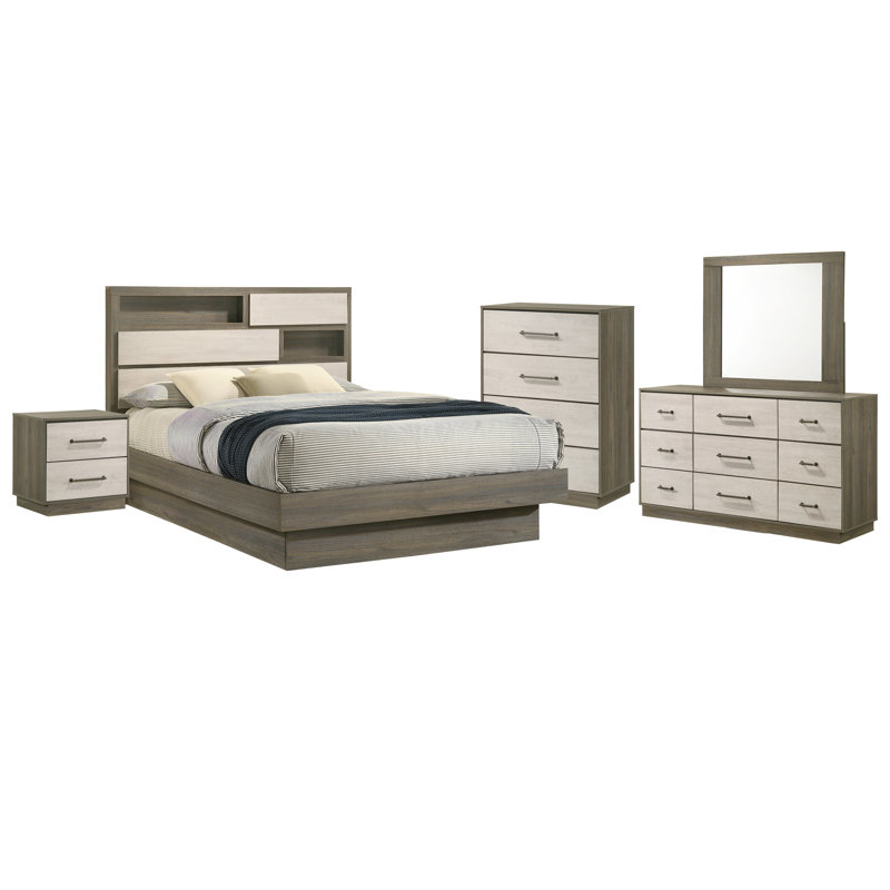 Ensemble de chambre à coucher Helvey, Grand lit, 5 Pcs: Bed, Nightstand, 2 Dressers, Mirror