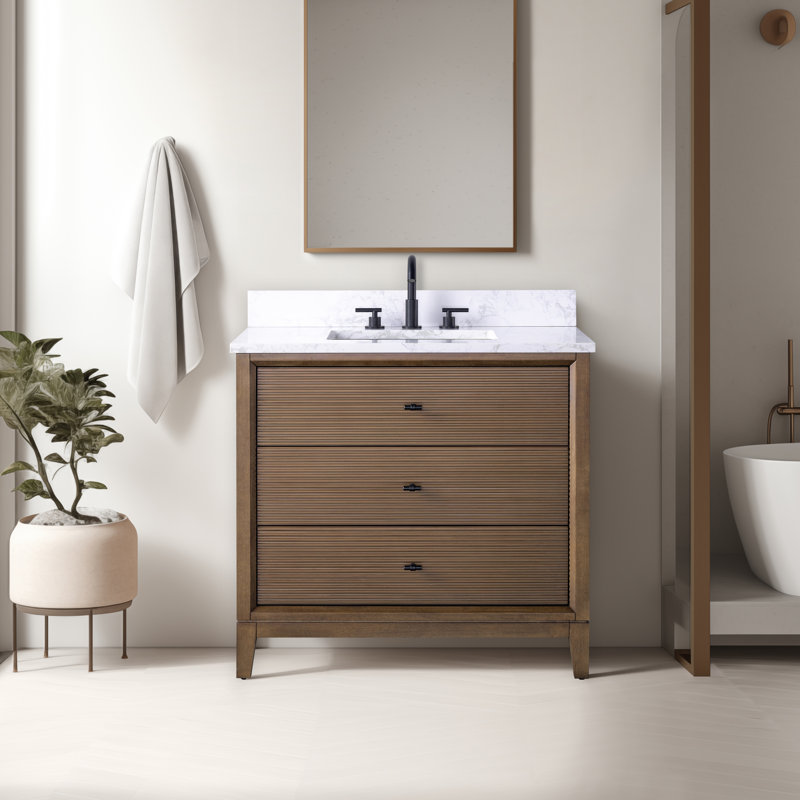 Meuble-lavabo simple 36 po avec plateau en marbre, Noyer, Noir mat, Arabescato White 