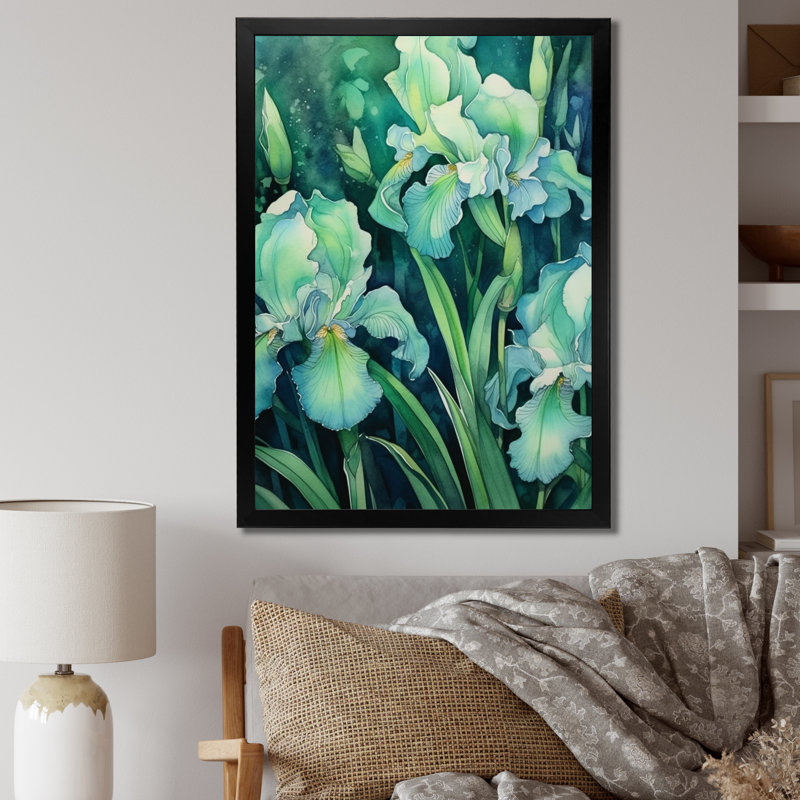 «Green Irises Petal V», art mural sur toile à motif floral, H 32 po x l 16 po x P 1 po, Cadre photo noir