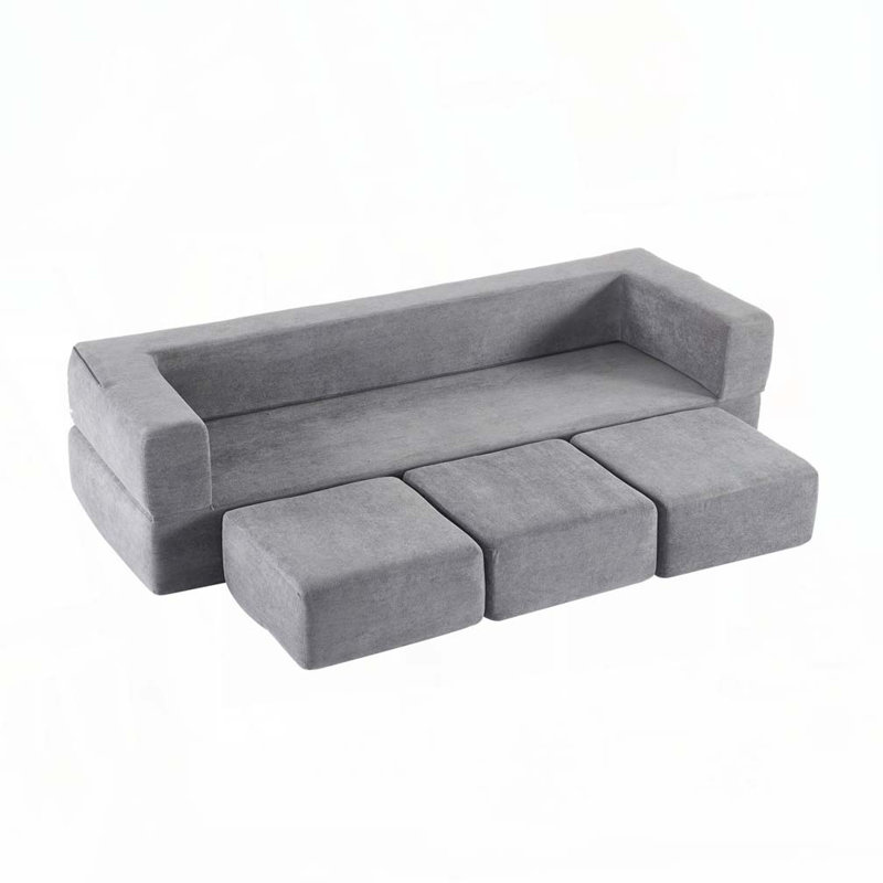 Canapé-lit modulaire convertible en chenille avec 3 repose-pieds, Gris