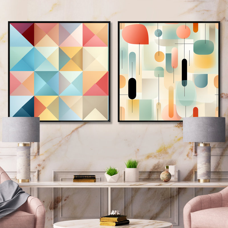 Pastel Harmony III - Ensemble de 2 collages de formes abstraites carrées, Cadre flottant noir, H 30 po x l 61 po