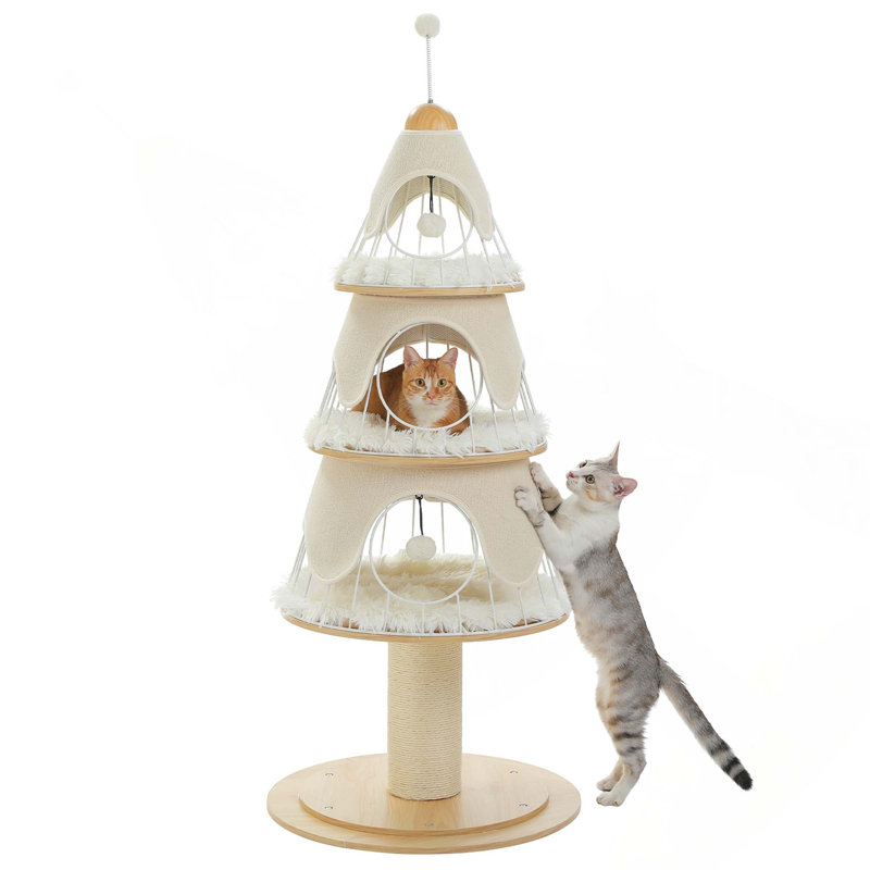 Arbre de Noël pour chat 51,2 "avec poteau à griffes épais, 3 condos - Meuble robuste avec cadre en métal et tapis remplaçable pour chaton d'intérieur