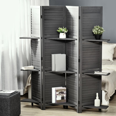 Cloison de 5,6 pi avec cloisons d'intimité grise avec rangement pour chambre / bureau, cloison pliante en bois rustique, style
