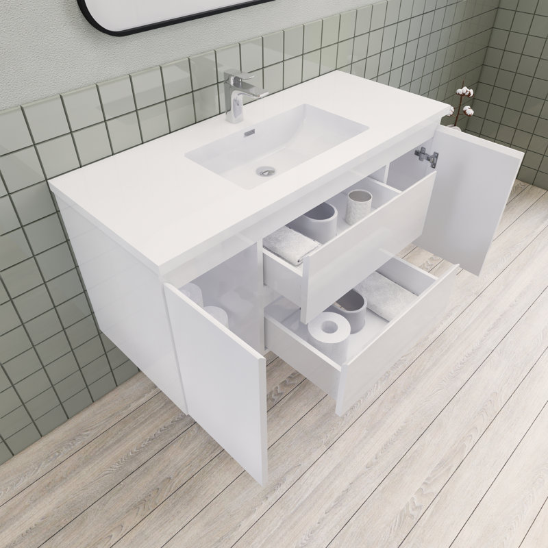 Meuble-lavabo de salle de bain moderne flottant 48 po Alcester Ivy Bronx, Blanc lustré