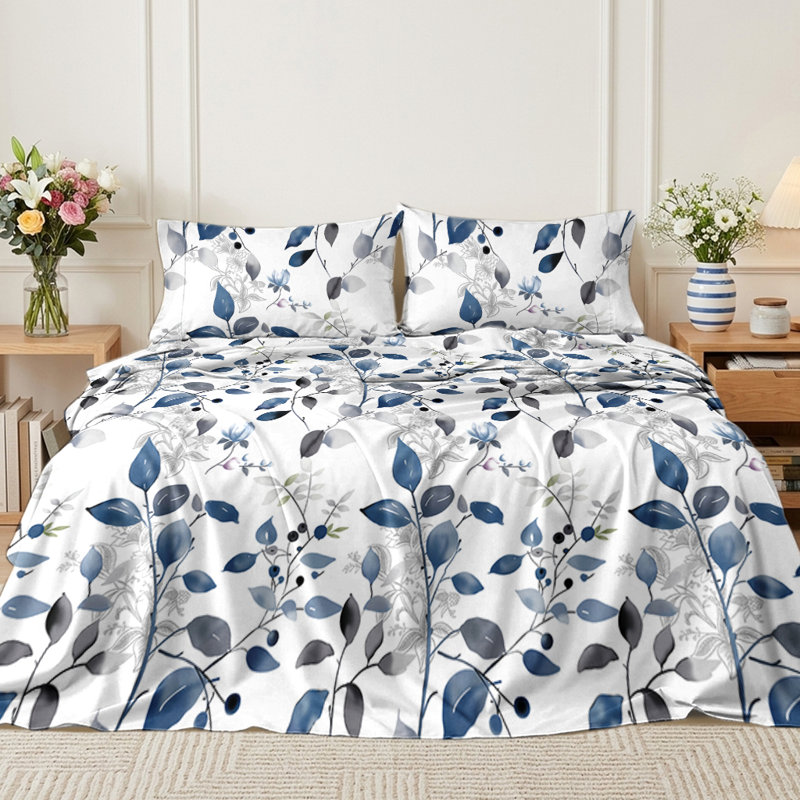 Ensemble de draps fleuris bleus 4 pièces, taille king, drap-housse fleuri avec taies d'oreiller, ensemble de literie nature fraîche