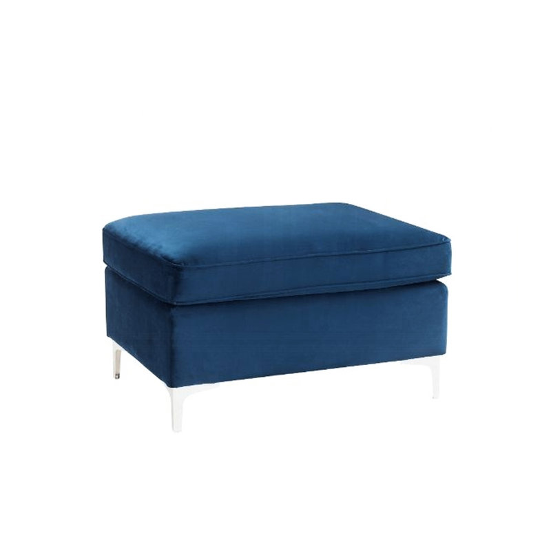 Velours bleu, conception modulaire, densité de la mousse D28, pieds en métal, largeur de 36 pouces, profondeur de 27 po, hauteur de 20 po, bois de pin et matériaux de 29 lb, composition