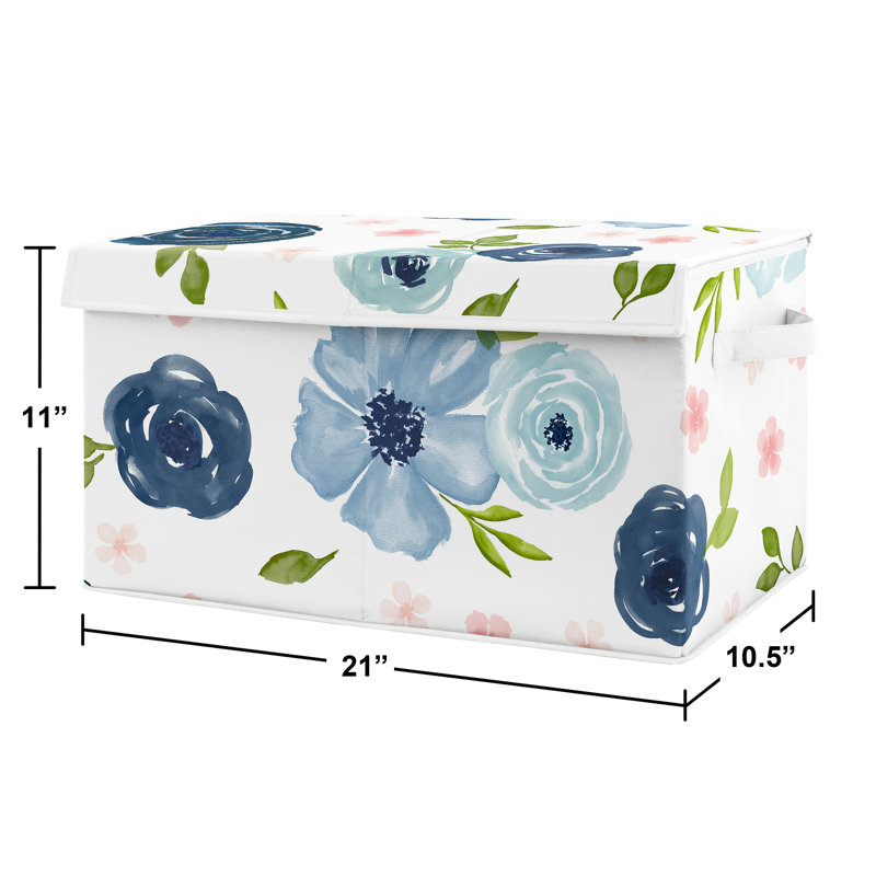 Blue and Pink Floral Fabric Storage Toy Bin with Lid