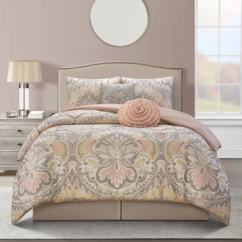Ensemble d'édredon réversible en microfibre 6 pièces Amelia, Édredon de grande taille et 6 pièces supplément, Rosé