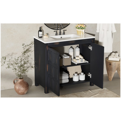 Organisateur de meuble-lavabo 36 po avec lavabo en céramique, ensemble de rangement pour salle de bain, espresso rétro