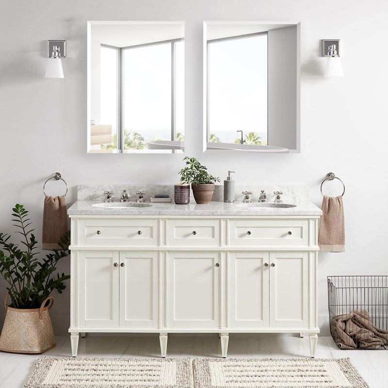 Rectangular Beveled Frameless Mirror Cabinet, Wall Mounted Cabinet For Bathroom Toilet Kitchen,Recess Or Surface Mount Installation