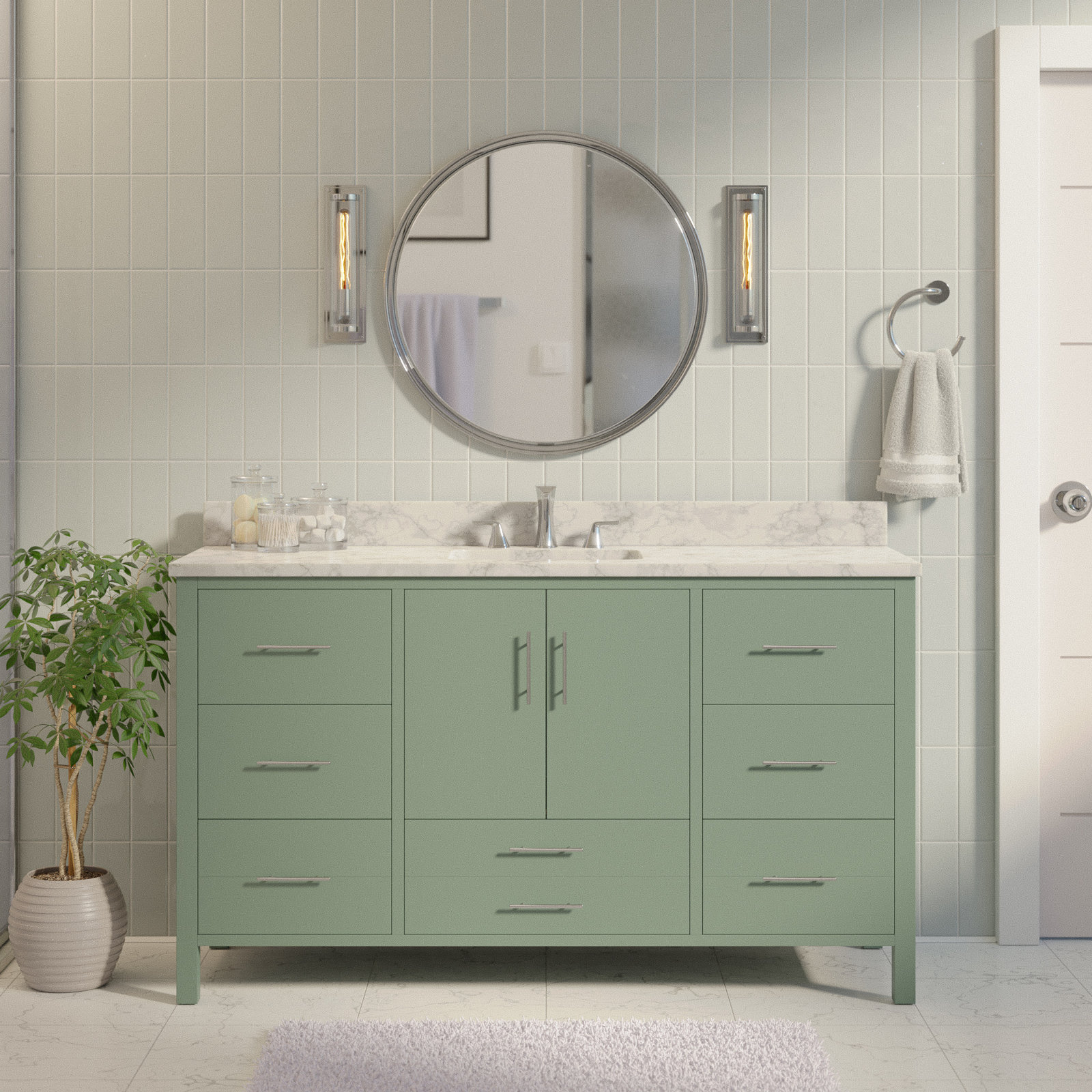 Kiara 60" Carrara Marble Single Bathroom Vanity, Sage Green, Carrara Marble