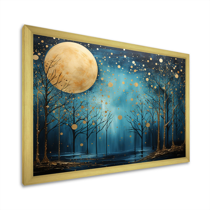 Azur, Ascension de la forêt au clair de lune, art mural grande lune, Cadre doré simple, H 12 po x l 20 po x P 1 po