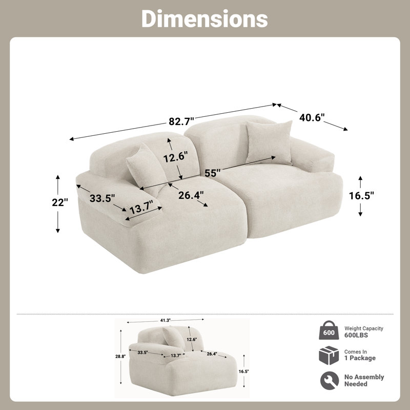 Boneless 82.7" Upholstered Loveseat Sofa Chenille Corduroy Modular Couch Compression, Beige Chenille