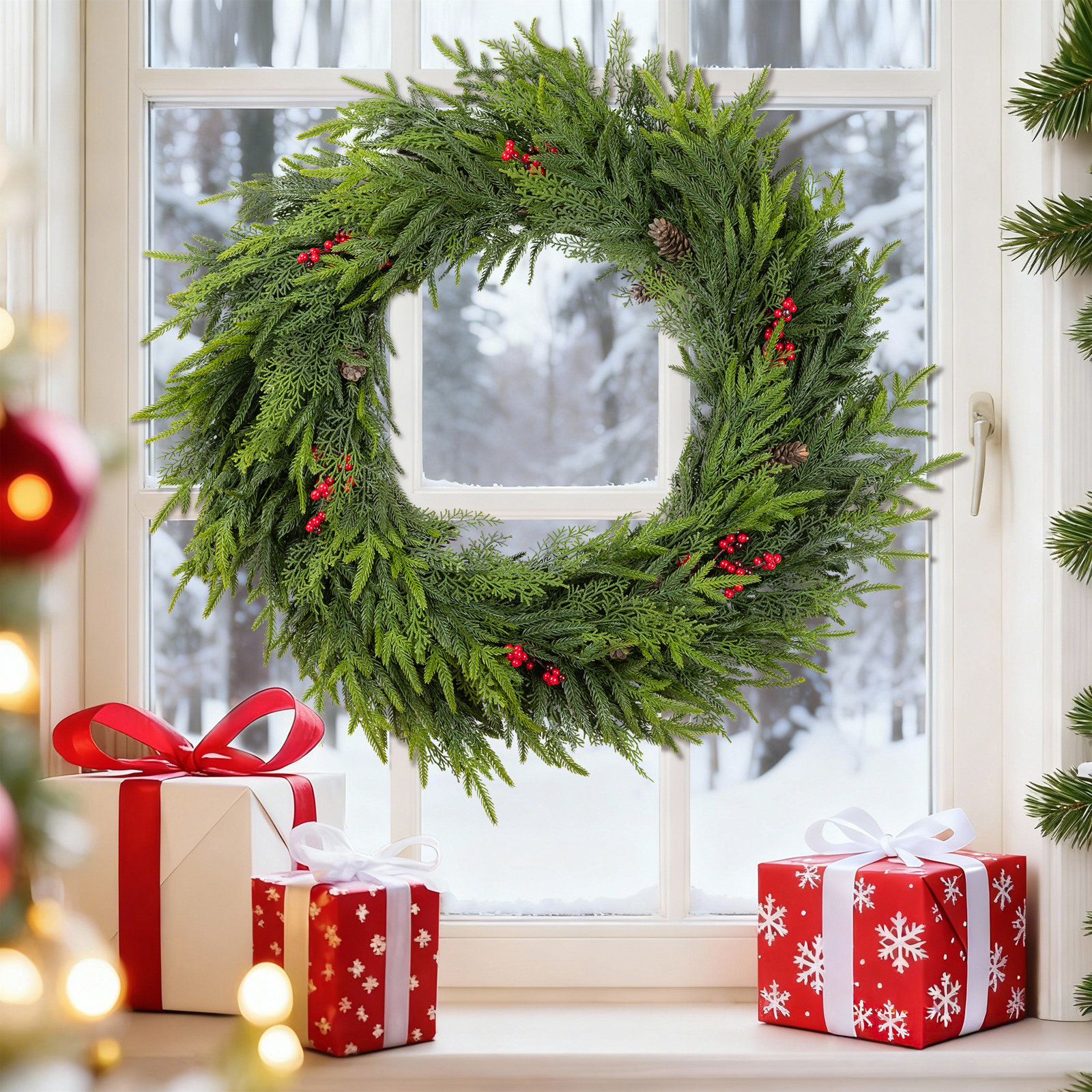 30" Oversized PE Dripping Christmas Wreath – with Pinecones & Red Berries