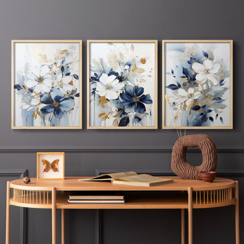 Floral Study  Series  XCII  -Set Of 3 Framed Giclee Prints -Ready to Hang, Natural, 28" H x 66" W