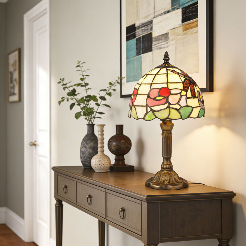 Lampe de table vintage en vitrail avec libellule et motif floral, base bronze antique, lumière décorative