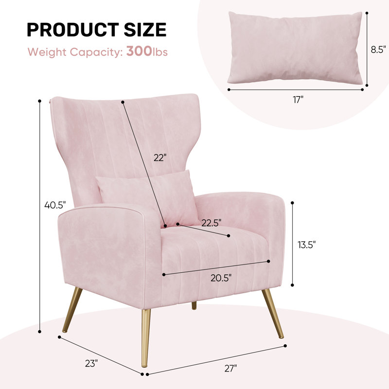 Modern Velvet Accent Chair With Wingback Design Gold Metal Legs And Pillow – Elegant Lounge Chair For Living Room & Bedroom