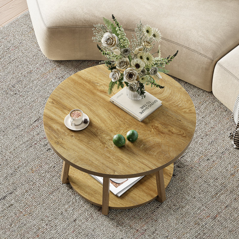 Table basse ronde, table centrale à 2 niveaux avec rangement, pieds en bois
