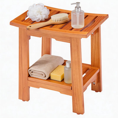 Solid Wood Shower Bench with Storage Shelf, 250LB Capacity Spa Bath Stool with Adjustable Levelling Feet for Bathroom, Bedroom, Living Room