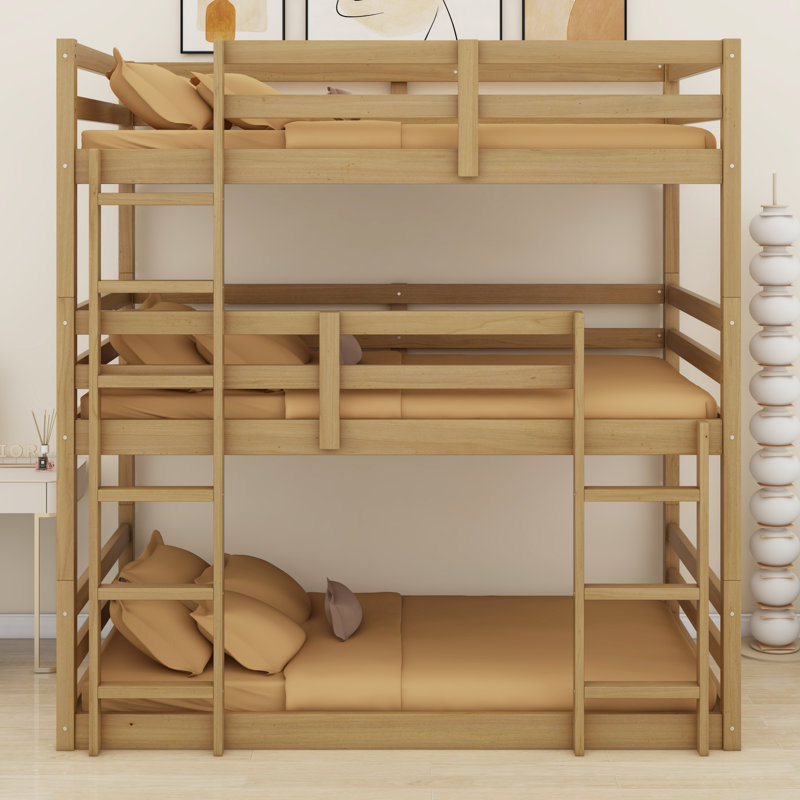 Triple-Decker Detachable Bunk Bed With Integrated Safety Ladders & Guardrails, Natural