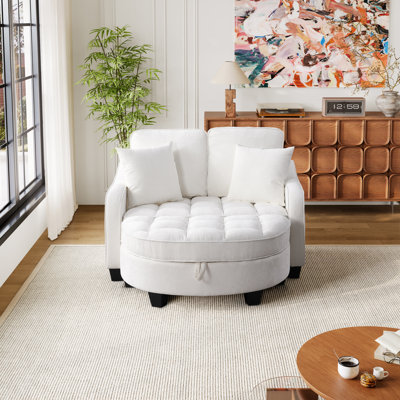 Modern Convertible 2-Seater Sofa Bed With Storage Ottoman, Reclining Backrest, And Side Pocket Armrest