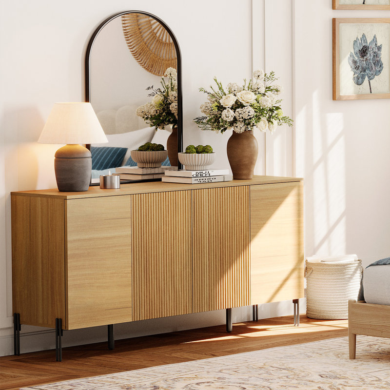 61" Minimalist 4-Door Sideboard With Rectangular Geometric Design And Double Chopstick Leg Base, Natural