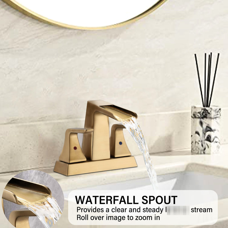 Robinet de lavabo de salle de bain à deux poignées en or brossé avec cascade de 4 pouces - Fabrication en laiton massif pour une durabilité et une stabilité La température de l'eau est réglable grâce à la cartouche en céramique à poignées doubles