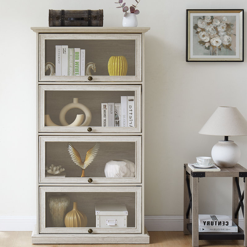 Vitrine 4 couches avec porte en verre rabattable, Blanc antique