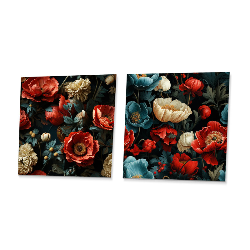 Ensemble de 2 pièces carrées florales rouge foncé et beige, H 36 po x l 72 po