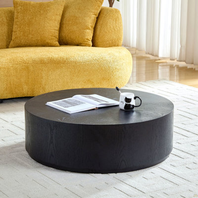 Table basse ronde moderne de 35 pouces, centre de table tambour noir pour salon et appartement, design en panneau de fibres à densité moyenne entièrement assemblé