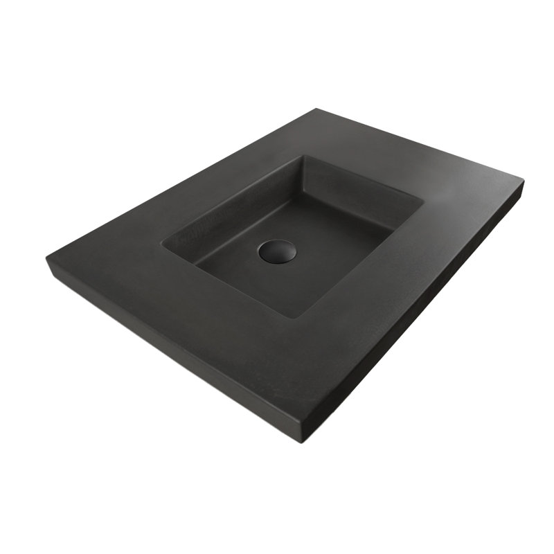 Newterra Concrete Handmade Rectangular Semi-Recessed Vessel Bathroom Sink, Deck Mounted, Charcoal
