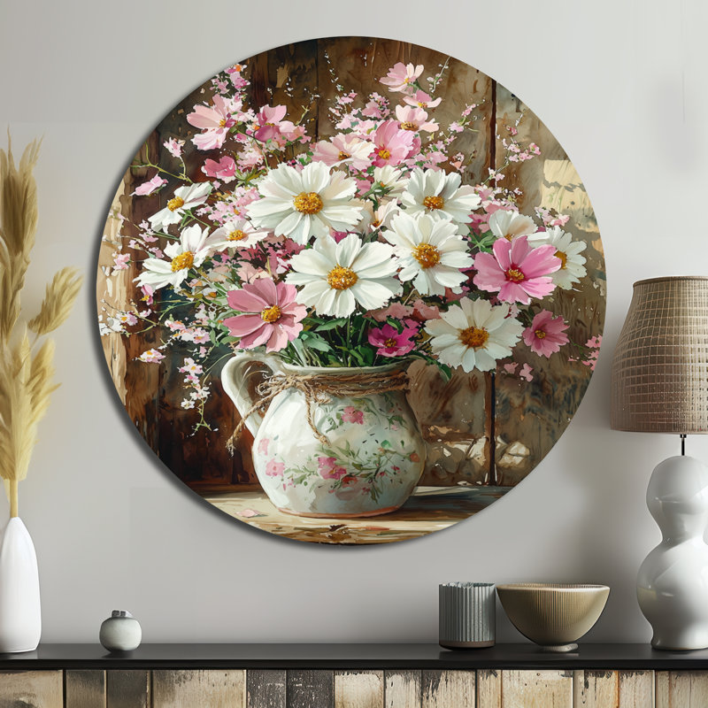 Farm Daisies Bouquet Into A Milk Vase II - Daisies Round Metal Wall Decor, 16" H x 16" W
